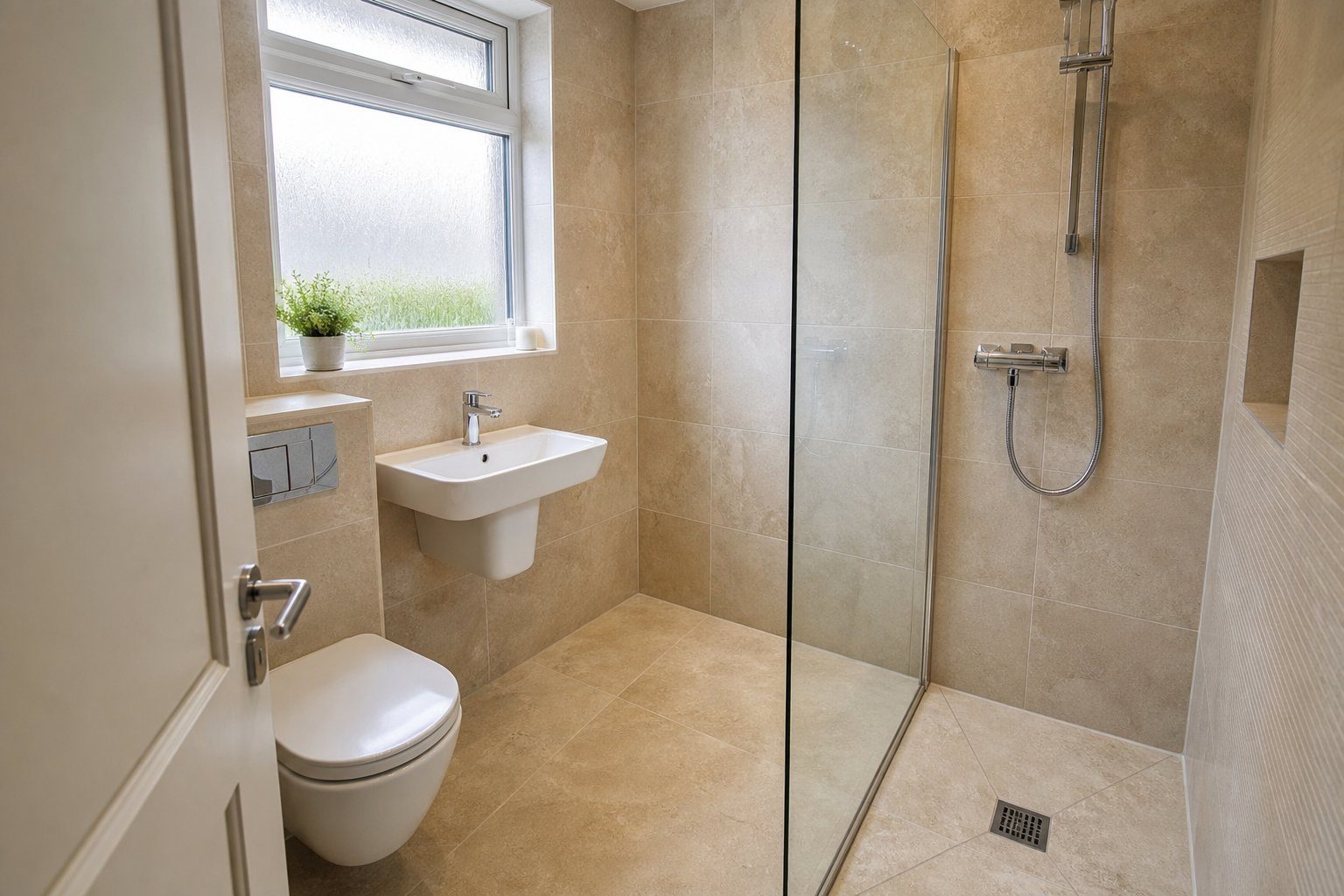 A compact UK bathroom converted to a small wet room with wall-hung basin and glass panel